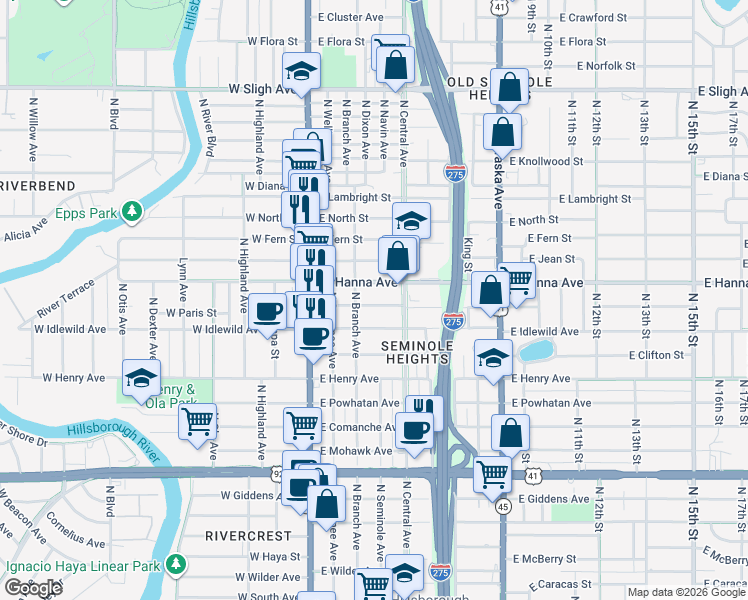 map of restaurants, bars, coffee shops, grocery stores, and more near 310 East Paris Street in Tampa