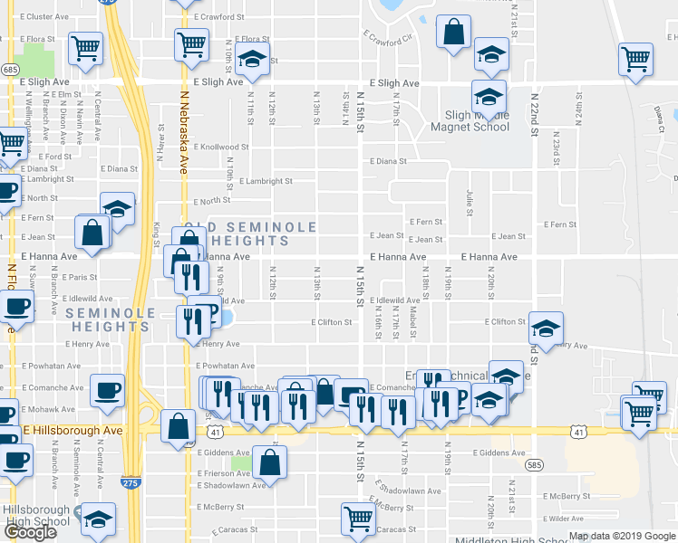 map of restaurants, bars, coffee shops, grocery stores, and more near 1414 East Paris Street in Tampa