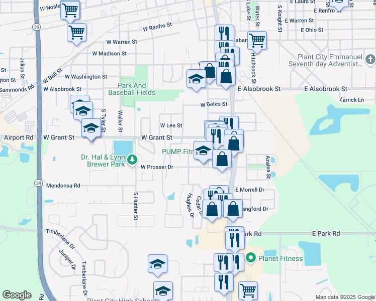 map of restaurants, bars, coffee shops, grocery stores, and more near 114 Orange Bud Way in Plant City