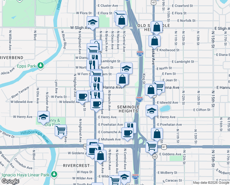map of restaurants, bars, coffee shops, grocery stores, and more near 310 East Idlewild Avenue in Tampa