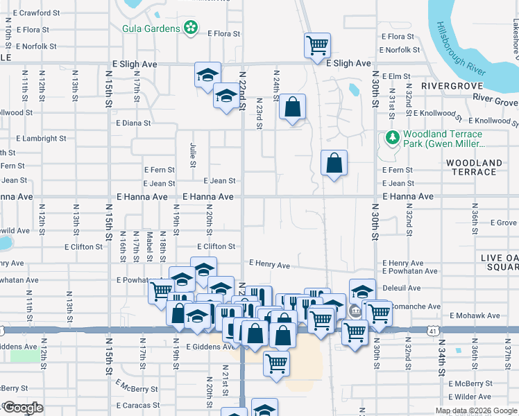 map of restaurants, bars, coffee shops, grocery stores, and more near 6112 North 23rd Street in Tampa