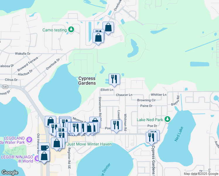 map of restaurants, bars, coffee shops, grocery stores, and more near 108 Elliott Lane in Winter Haven