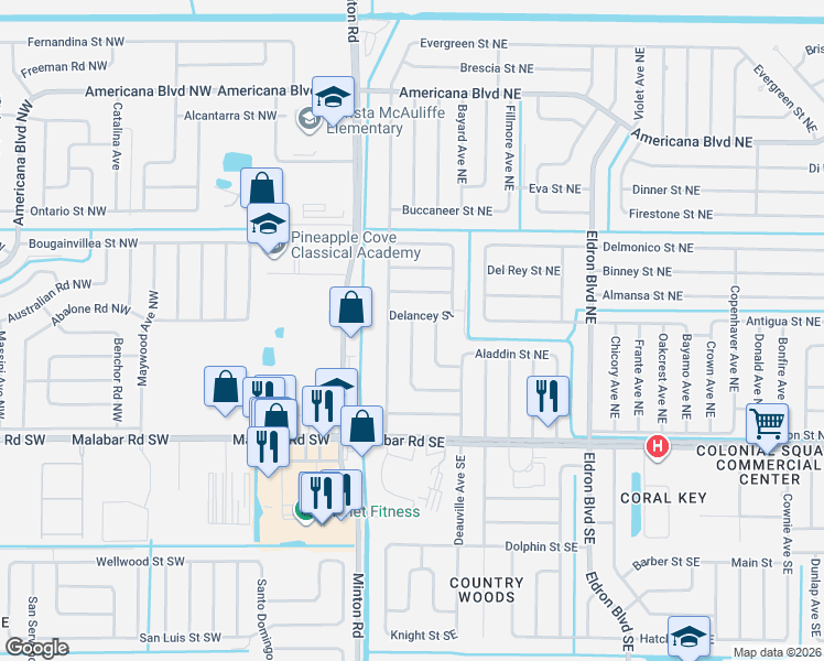 map of restaurants, bars, coffee shops, grocery stores, and more near 131 Delancy Street Northeast in Palm Bay