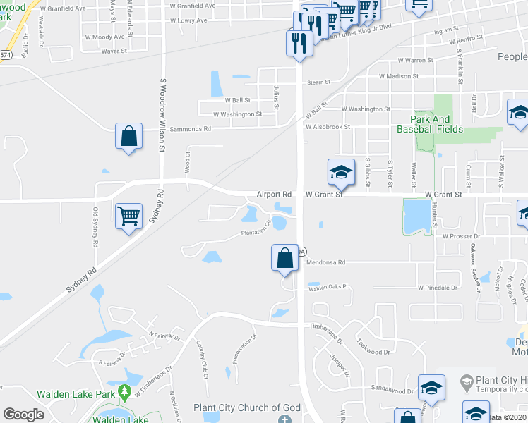 map of restaurants, bars, coffee shops, grocery stores, and more near 1452 Plantation Boulevard in Plant City
