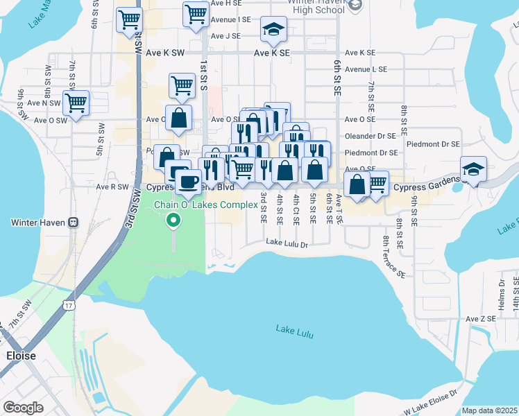 map of restaurants, bars, coffee shops, grocery stores, and more near 1801 3rd Street Southeast in Winter Haven