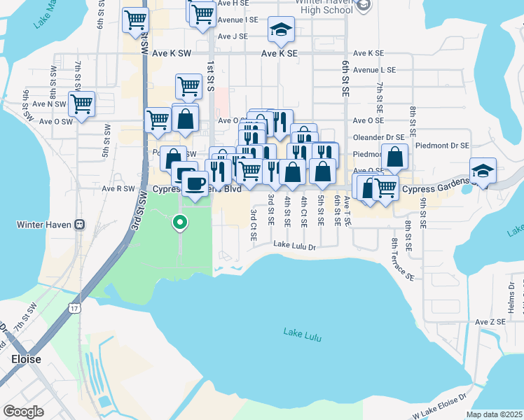 map of restaurants, bars, coffee shops, grocery stores, and more near 1801 3rd Street Southeast in Winter Haven