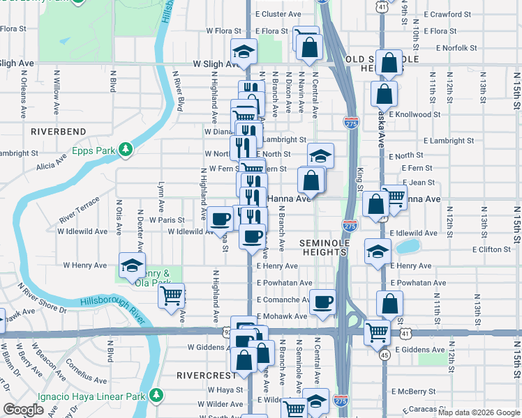 map of restaurants, bars, coffee shops, grocery stores, and more near 206 East Hanna Avenue in Tampa