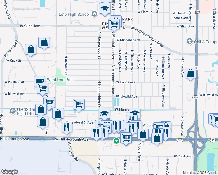 map of restaurants, bars, coffee shops, grocery stores, and more near 4406 West Hanna Avenue in Tampa