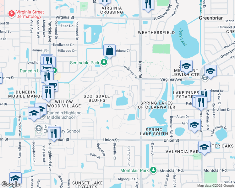 map of restaurants, bars, coffee shops, grocery stores, and more near 1380 Killie Court in Dunedin