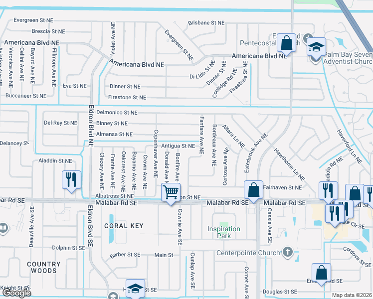 map of restaurants, bars, coffee shops, grocery stores, and more near 667 Antigua Street Northeast in Palm Bay
