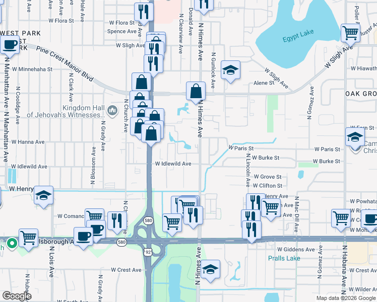 map of restaurants, bars, coffee shops, grocery stores, and more near 3641 Coopers Pond Drive in Tampa
