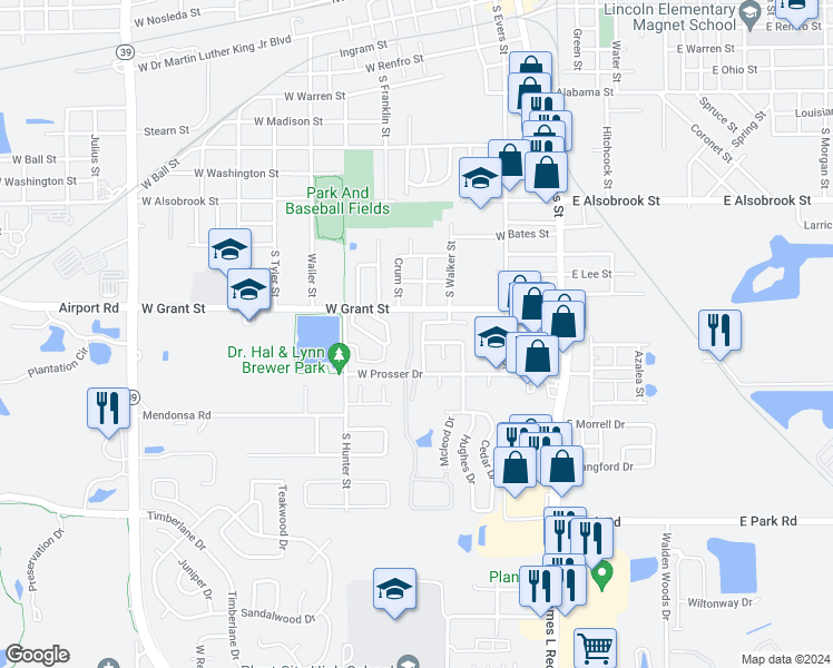 map of restaurants, bars, coffee shops, grocery stores, and more near 212 Citrus Landing Drive in Plant City