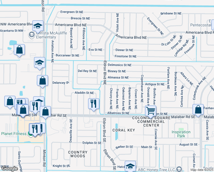 map of restaurants, bars, coffee shops, grocery stores, and more near 253 Eldron Boulevard Northeast in Palm Bay