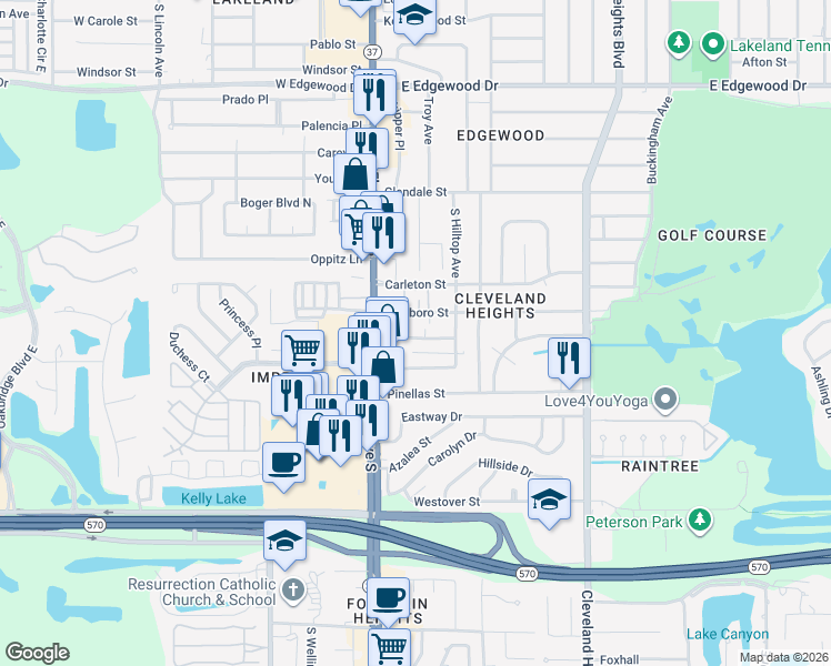 map of restaurants, bars, coffee shops, grocery stores, and more near 208 Orange View Lane in Lakeland
