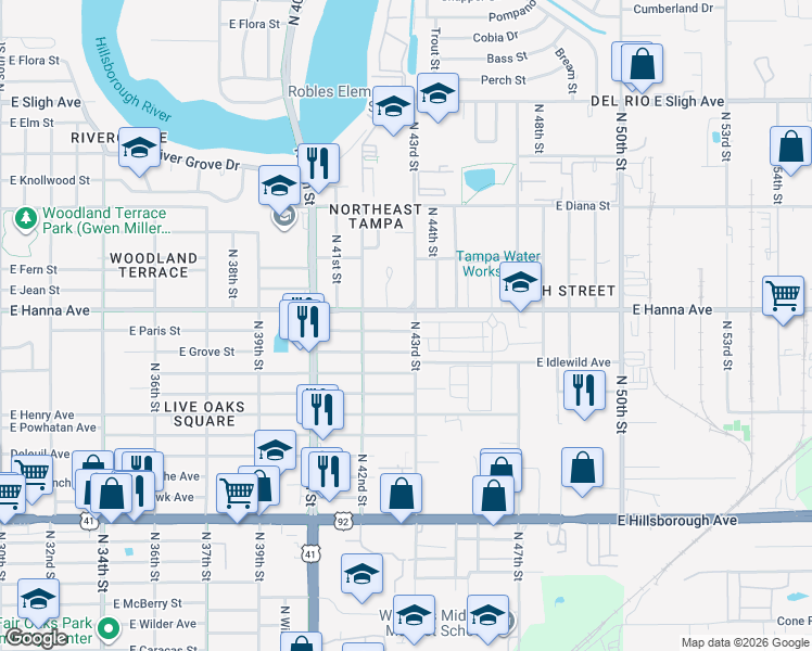 map of restaurants, bars, coffee shops, grocery stores, and more near 4218 East Paris Street in Tampa