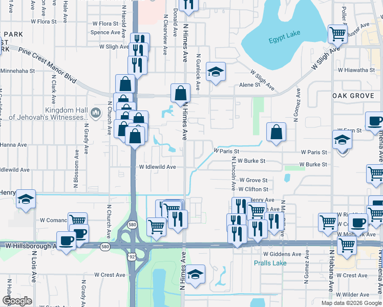 map of restaurants, bars, coffee shops, grocery stores, and more near 6010 North Gunlock Avenue in Tampa