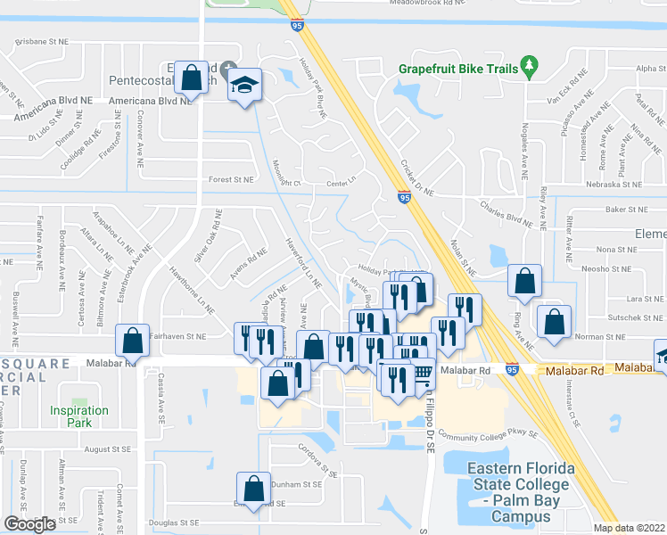 map of restaurants, bars, coffee shops, grocery stores, and more near 469 Holiday Park Boulevard Northeast in Palm Bay