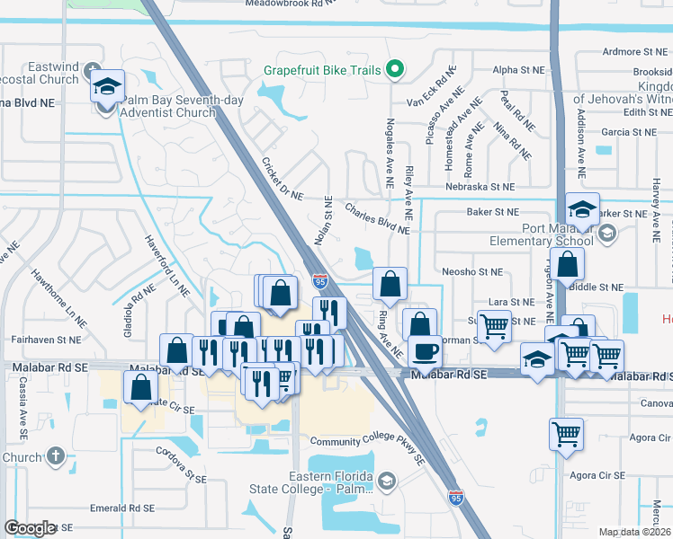 map of restaurants, bars, coffee shops, grocery stores, and more near 1355 Tufts Court Northeast in Palm Bay