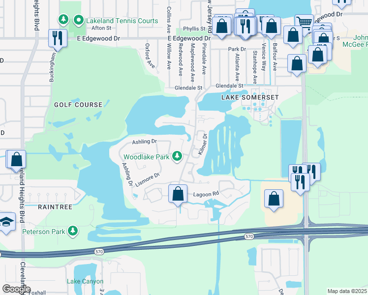 map of restaurants, bars, coffee shops, grocery stores, and more near 1215 Windjammer Drive in Lakeland