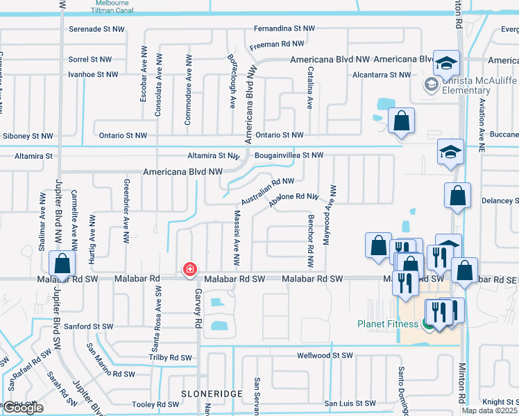 map of restaurants, bars, coffee shops, grocery stores, and more near 190 Abalone Road Northwest in Palm Bay