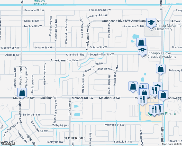 map of restaurants, bars, coffee shops, grocery stores, and more near 513 Australian Road Northwest in Palm Bay