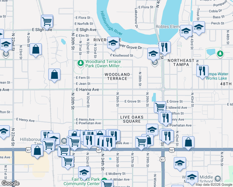 map of restaurants, bars, coffee shops, grocery stores, and more near 3418 East Hanna Avenue in Tampa