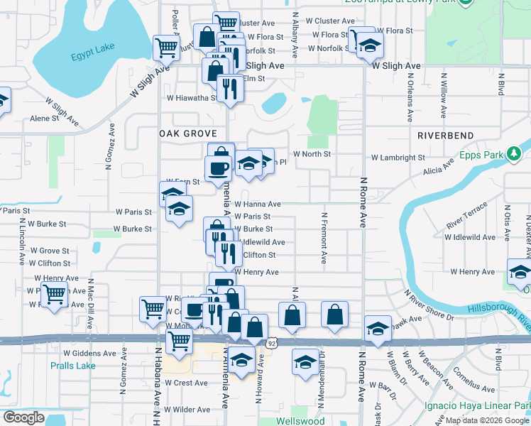 map of restaurants, bars, coffee shops, grocery stores, and more near 2116 West Hanna Avenue in Tampa