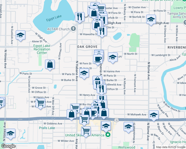 map of restaurants, bars, coffee shops, grocery stores, and more near 2520 West Jean Street in Tampa