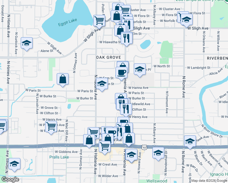map of restaurants, bars, coffee shops, grocery stores, and more near 2520 West Jean Street in Tampa