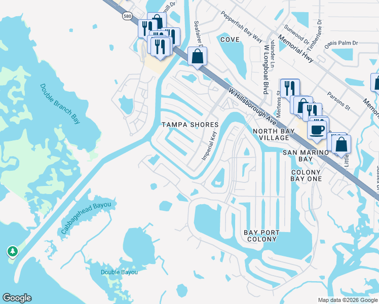 map of restaurants, bars, coffee shops, grocery stores, and more near 5906 Tampa Shores Boulevard in Tampa