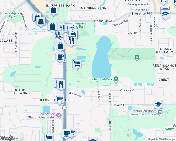 map of restaurants, bars, coffee shops, grocery stores, and more near 2691 Lakebreeze Lane in Clearwater