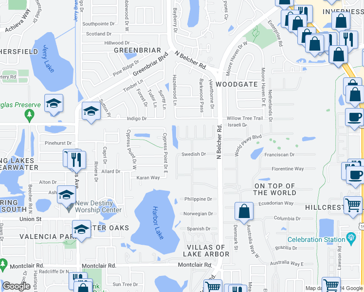 map of restaurants, bars, coffee shops, grocery stores, and more near 2291 Americus Boulevard West in Clearwater