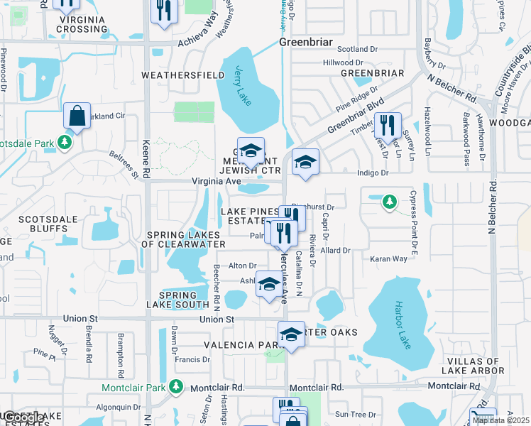 map of restaurants, bars, coffee shops, grocery stores, and more near 1932 Pinehurst Drive in Clearwater
