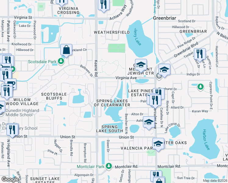 map of restaurants, bars, coffee shops, grocery stores, and more near 1870 Springbush Lane in Clearwater