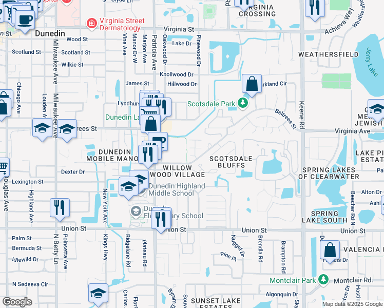 map of restaurants, bars, coffee shops, grocery stores, and more near 2401 Stirling Circle in Dunedin
