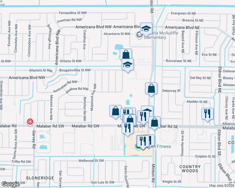map of restaurants, bars, coffee shops, grocery stores, and more near 377 Abalone Road Northwest in Palm Bay