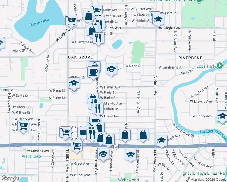 map of restaurants, bars, coffee shops, grocery stores, and more near 2116 West Hanna Avenue in Tampa