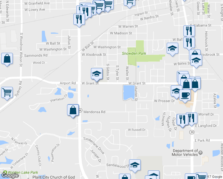 map of restaurants, bars, coffee shops, grocery stores, and more near 1109 W Grant St in Plant City