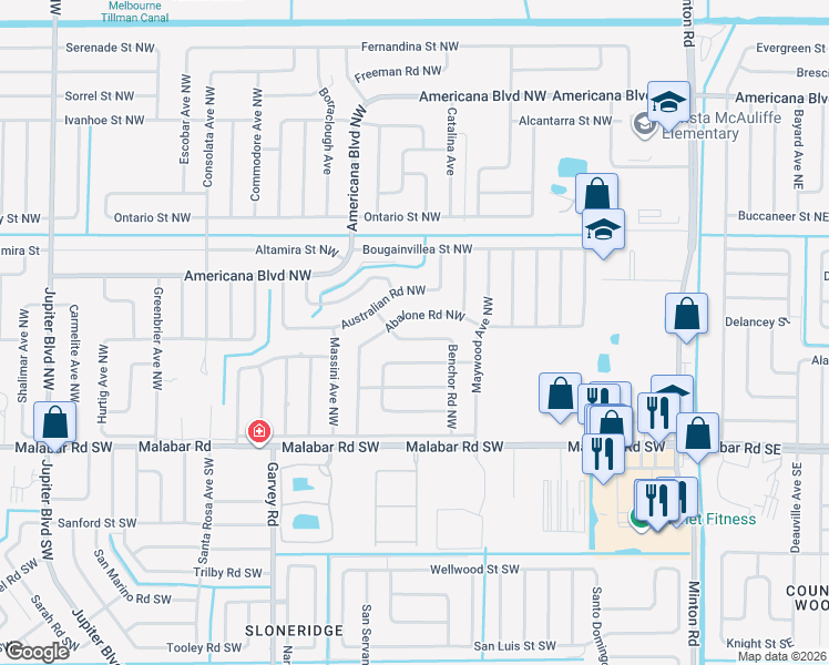 map of restaurants, bars, coffee shops, grocery stores, and more near 214 Abalone Road Northwest in Palm Bay