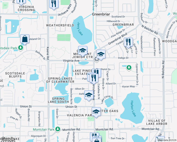 map of restaurants, bars, coffee shops, grocery stores, and more near 1949 Pinehurst Drive in Clearwater