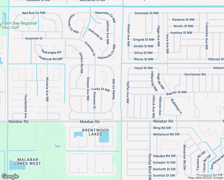 map of restaurants, bars, coffee shops, grocery stores, and more near 1409 Lucky Street Northwest in Palm Bay