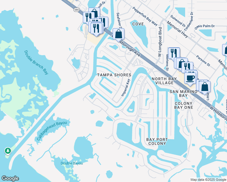 map of restaurants, bars, coffee shops, grocery stores, and more near 5906 Tampa Shores Boulevard in Tampa