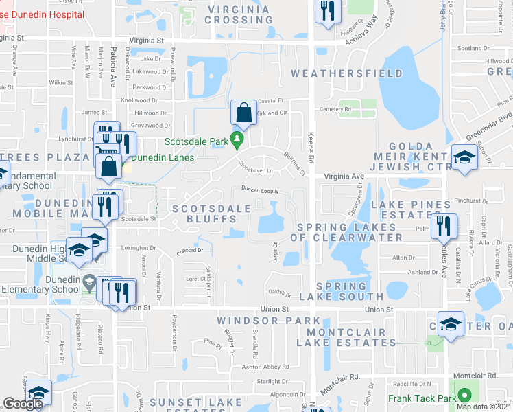 map of restaurants, bars, coffee shops, grocery stores, and more near Killie Court in Dunedin