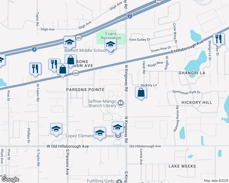 map of restaurants, bars, coffee shops, grocery stores, and more near 112 Alafara Street in Seffner