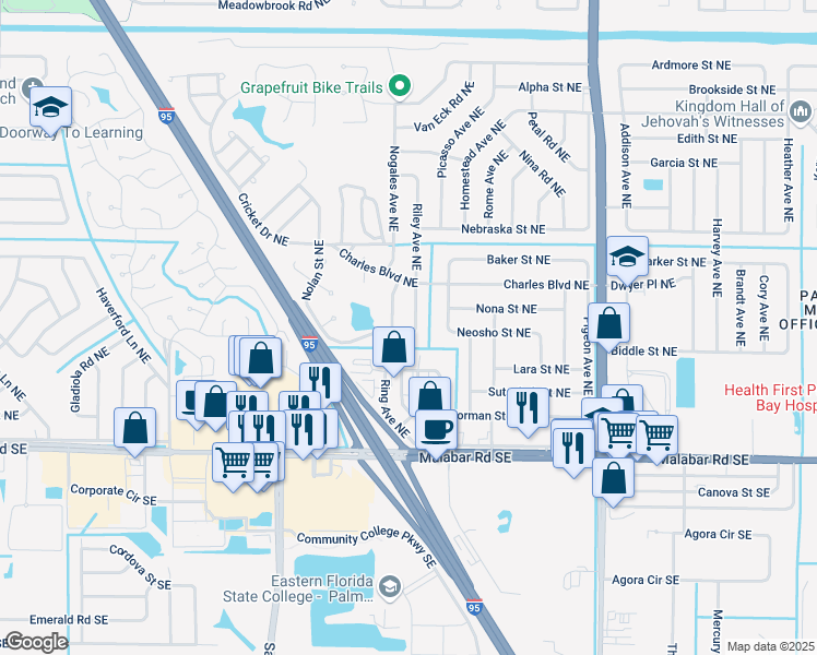 map of restaurants, bars, coffee shops, grocery stores, and more near 240 Riley Avenue Northeast in Palm Bay