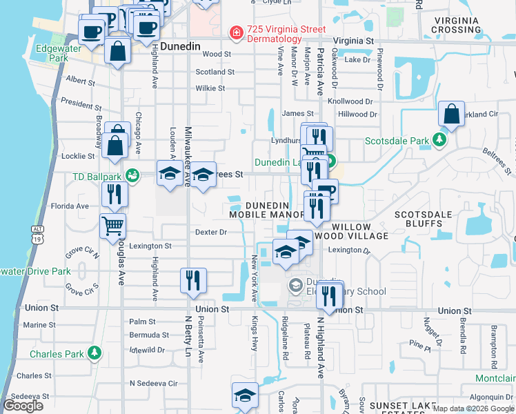 map of restaurants, bars, coffee shops, grocery stores, and more near 241 Ashley Court in Dunedin