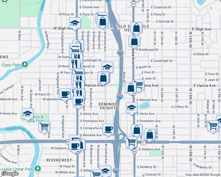 map of restaurants, bars, coffee shops, grocery stores, and more near 6111 North Central Avenue in Tampa