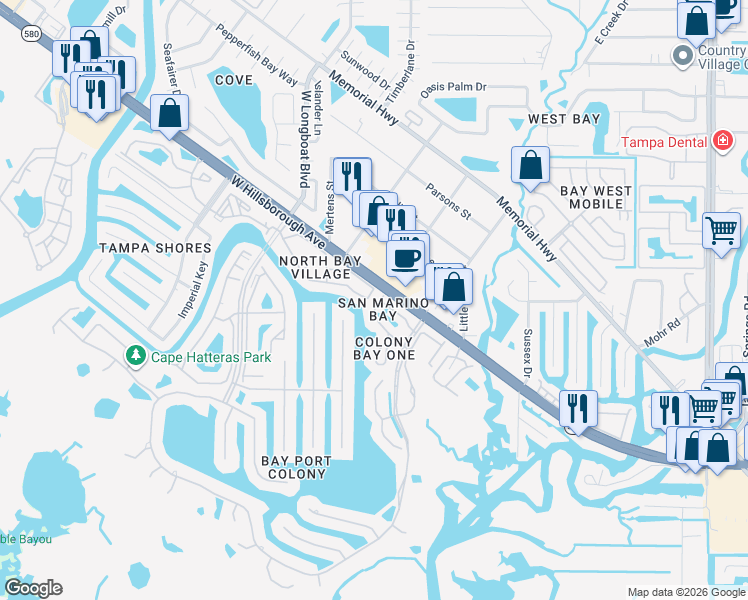 map of restaurants, bars, coffee shops, grocery stores, and more near 10482 Saint Tropez Place in Tampa