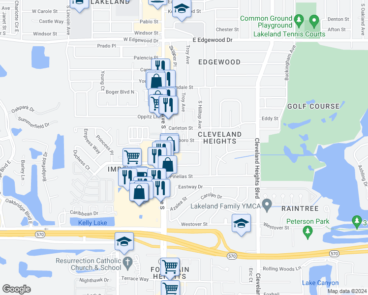 map of restaurants, bars, coffee shops, grocery stores, and more near 204 Hillsboro Street in Lakeland