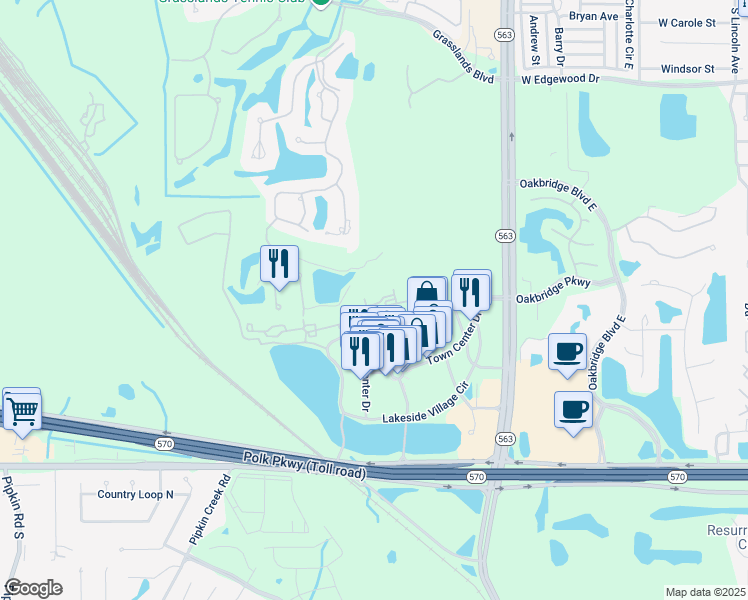 map of restaurants, bars, coffee shops, grocery stores, and more near 1572 Village Center Drive in Lakeland